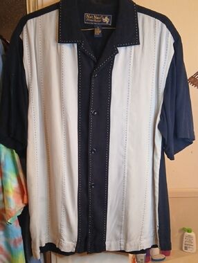 Nat Nast.Black ,light Grey, &CreamVertical Stripe Short-Sleeve, Button Shirt